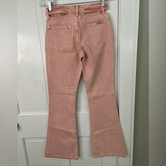 Free People MILK IT Pink Flare Jeans Cutout Waist Size 24 Boho Streetwear Cotton