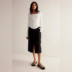 FREE PEOPLE We The Free Black Denim Midi Skirt in Black Wild Roses