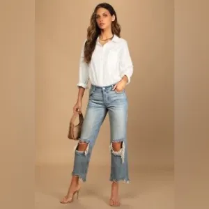 FREE PEOPLE We The Free Maggie Mid Rise Straight Leg Ripped Knee Jean Size 27 4