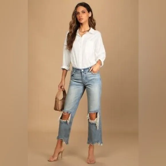 FREE PEOPLE We The Free Maggie Mid Rise Straight Leg Ripped Knee Jean Size 27 4