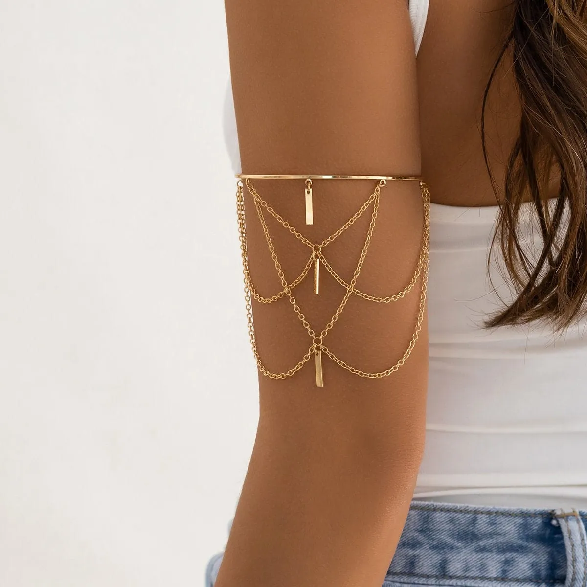 Geometric Layered Metal Bar Chain Tassel Arm Cuff