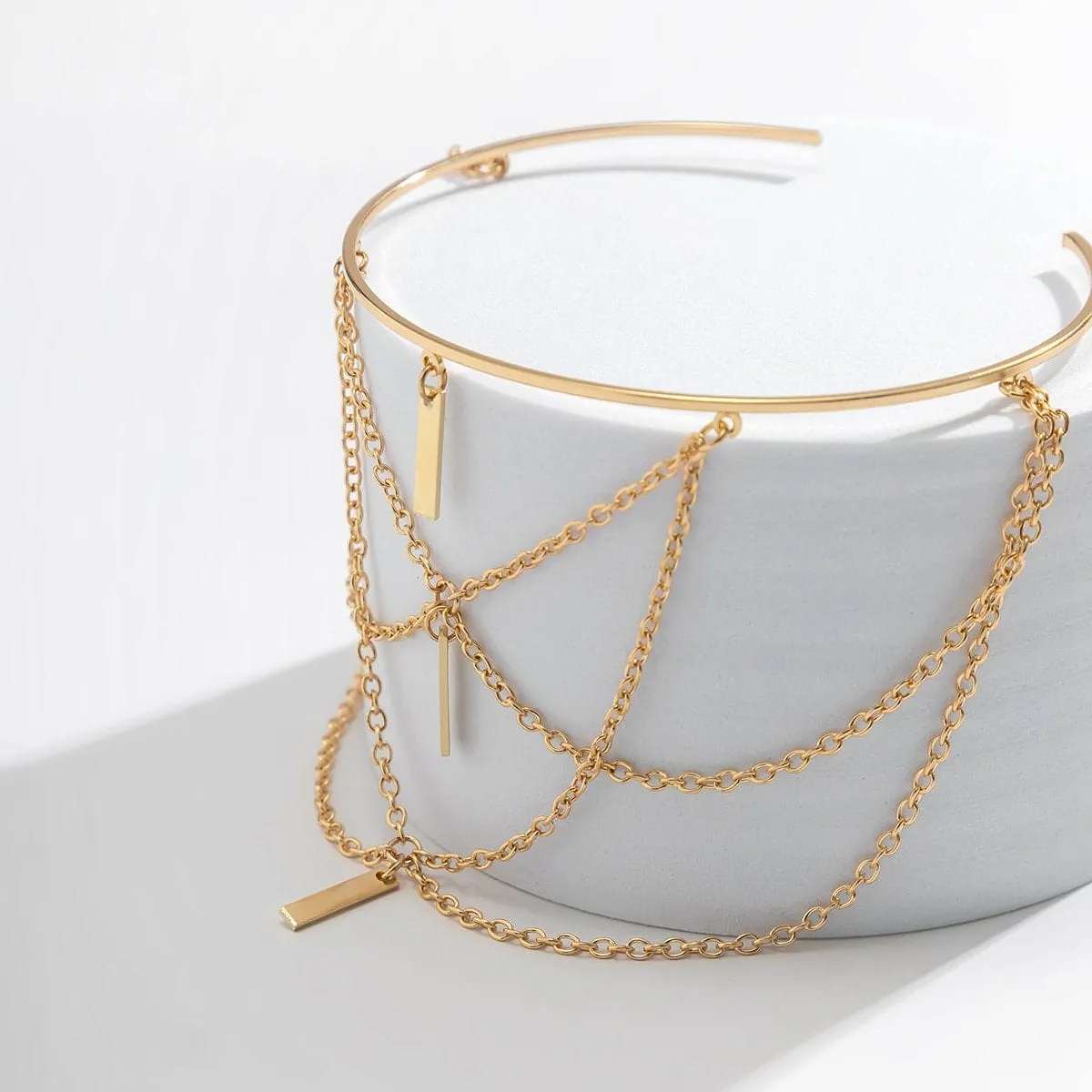 Geometric Layered Metal Bar Chain Tassel Arm Cuff