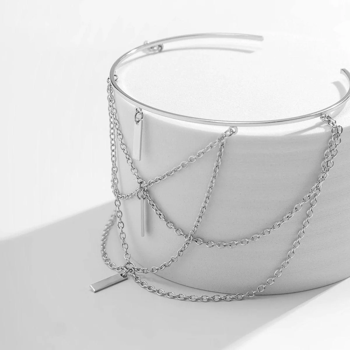 Geometric Layered Metal Bar Chain Tassel Arm Cuff