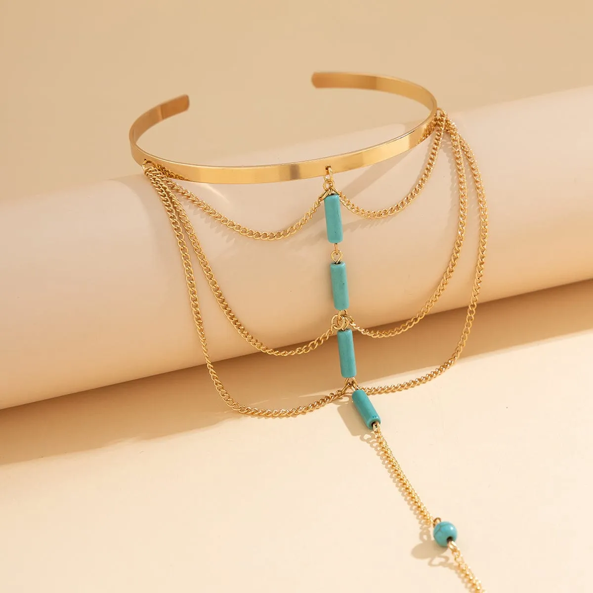 Geometric Layered Turquoise Bar Tassel Arm Cuff