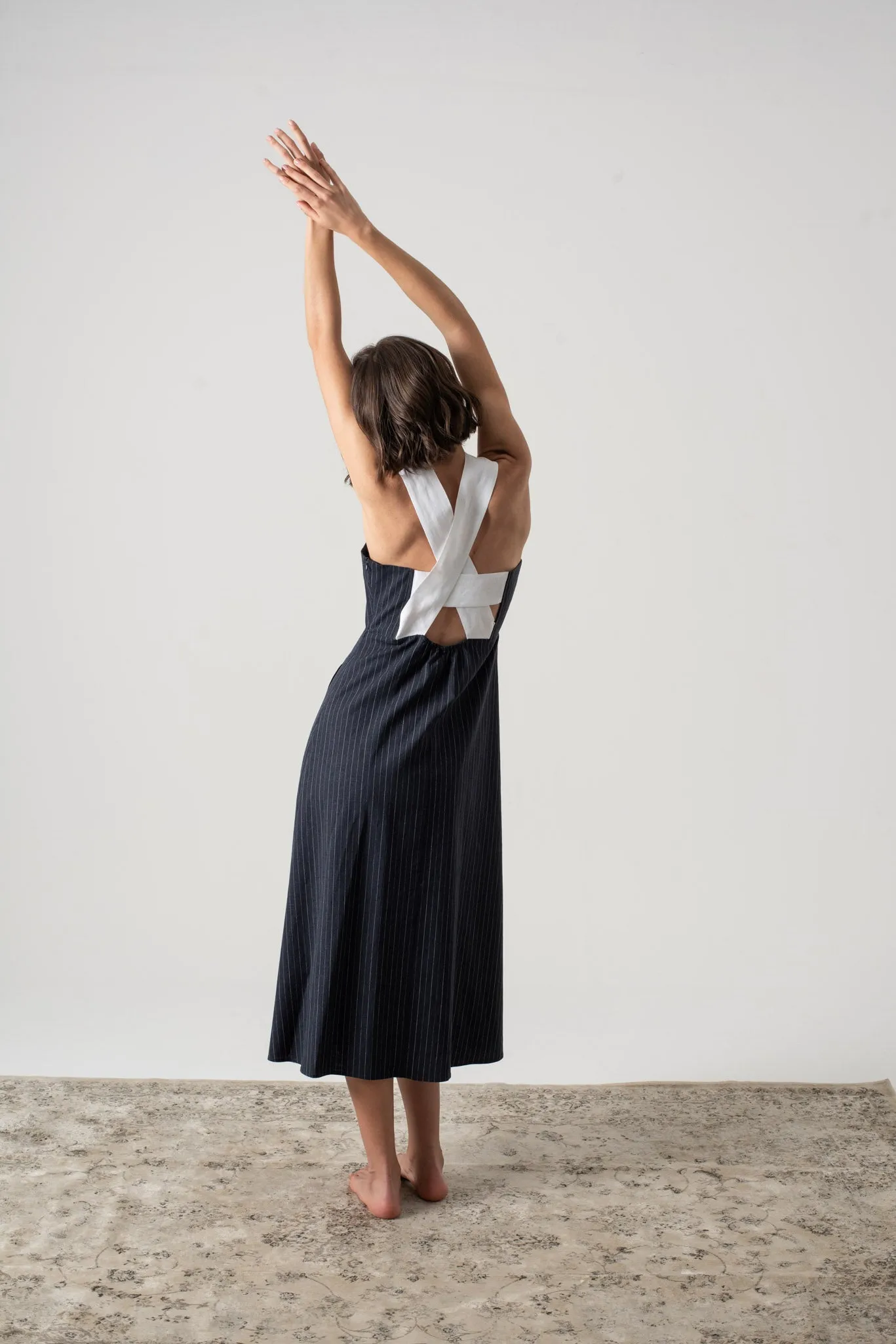 Gessato Midi Dress Navy Pinstripe