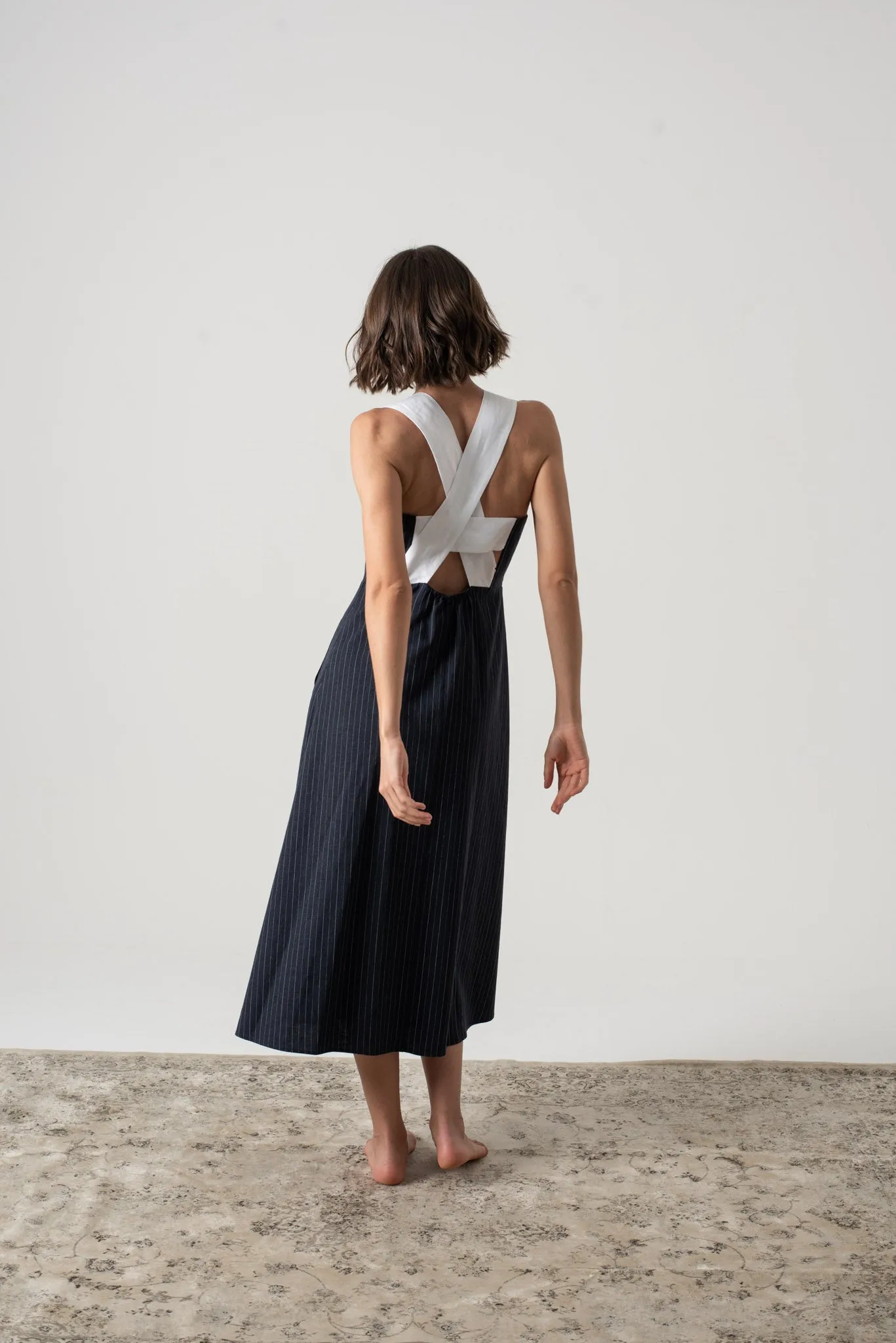 Gessato Midi Dress Navy Pinstripe