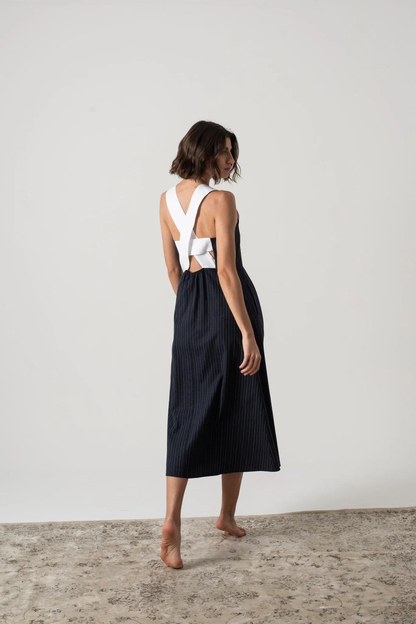 Gessato Midi Dress Navy Pinstripe