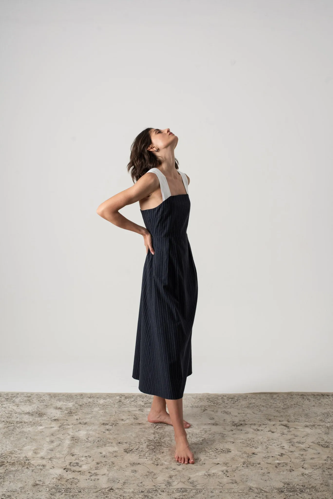 Gessato Midi Dress Navy Pinstripe