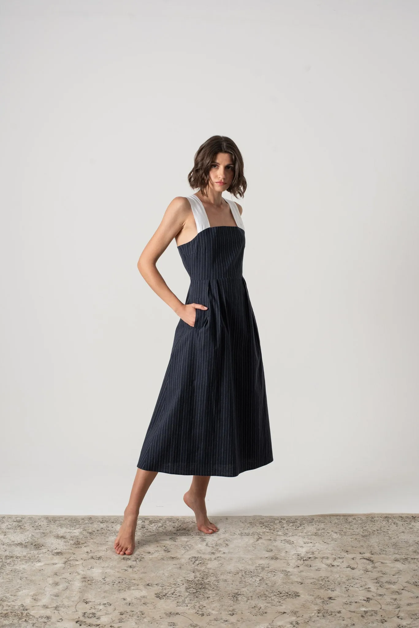 Gessato Midi Dress Navy Pinstripe