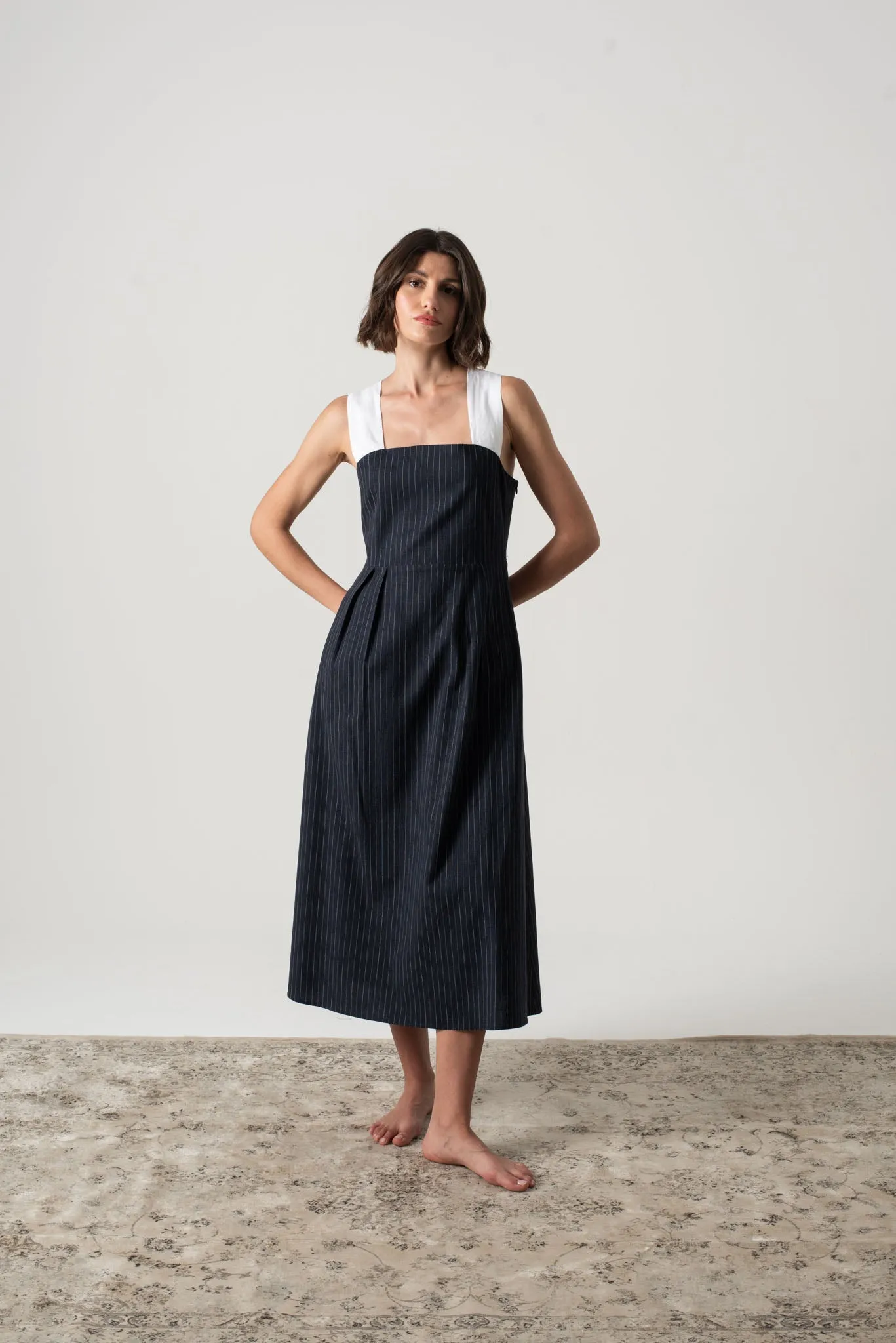 Gessato Midi Dress Navy Pinstripe