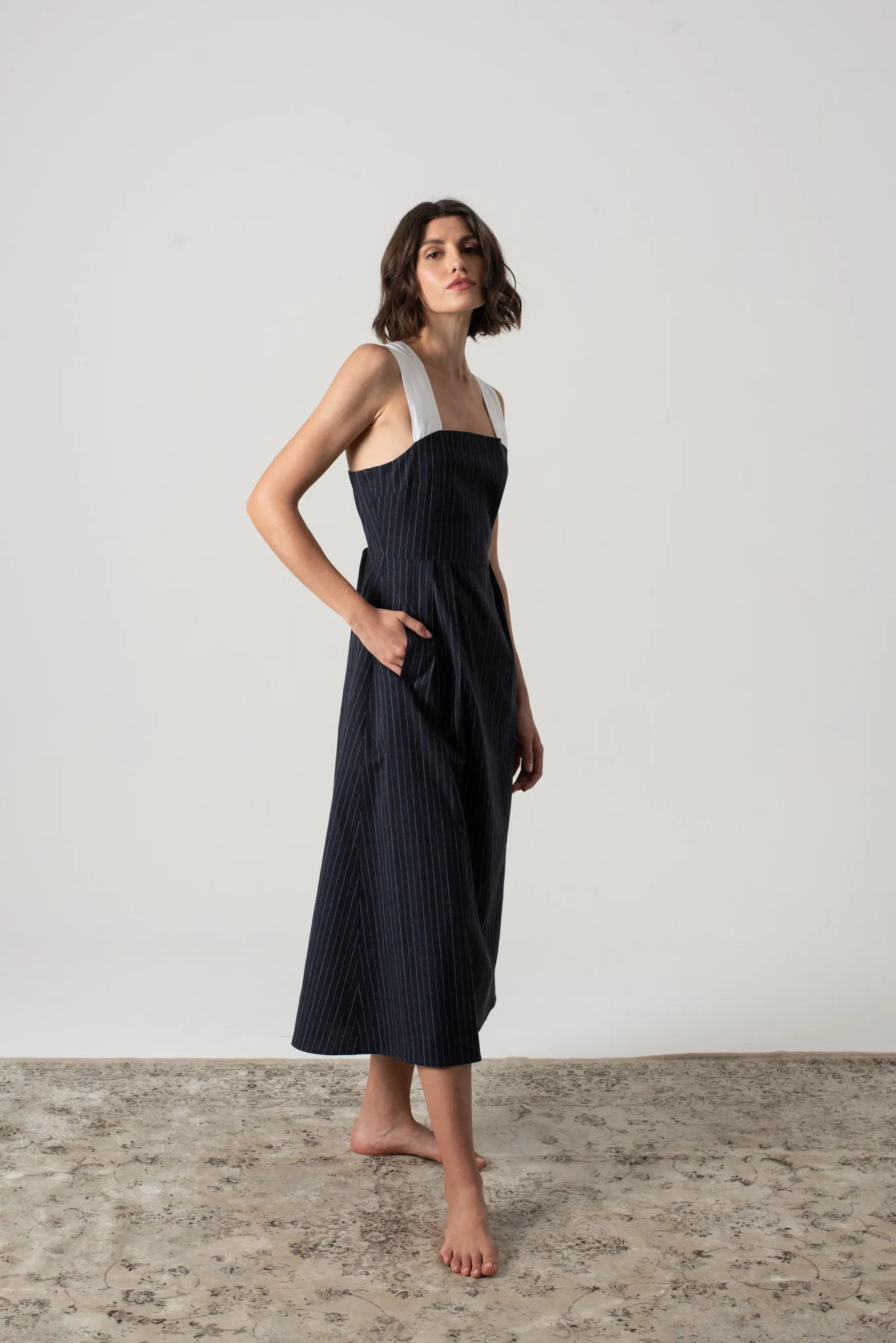 Gessato Midi Dress Navy Pinstripe