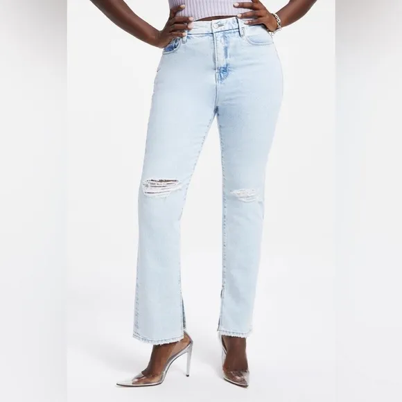 Good American Good Boy Indigo042 High Waisted Jeans Light Wash Distressed Sz 15