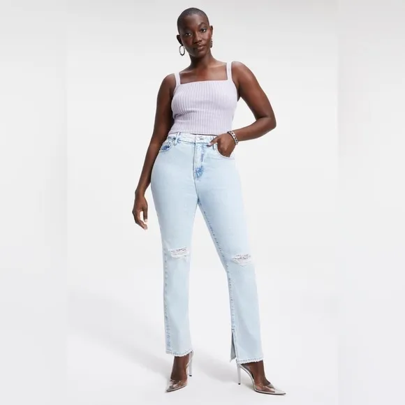 Good American Good Boy Indigo042 High Waisted Jeans Light Wash Distressed Sz 15