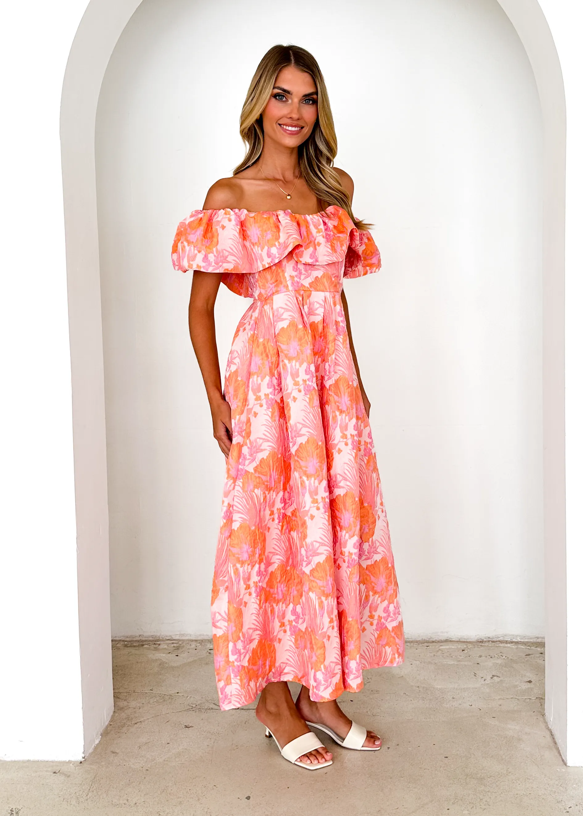 Harbour Off Shoulder Midi Dress - Peach Jacquard