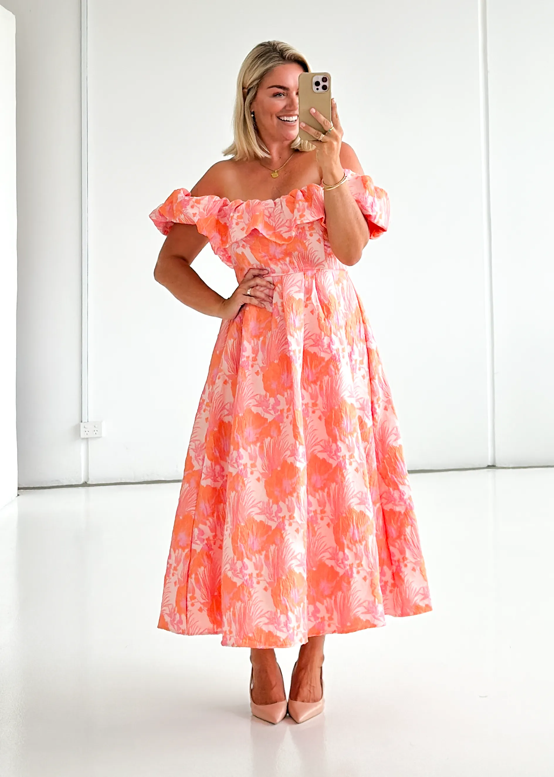 Harbour Off Shoulder Midi Dress - Peach Jacquard