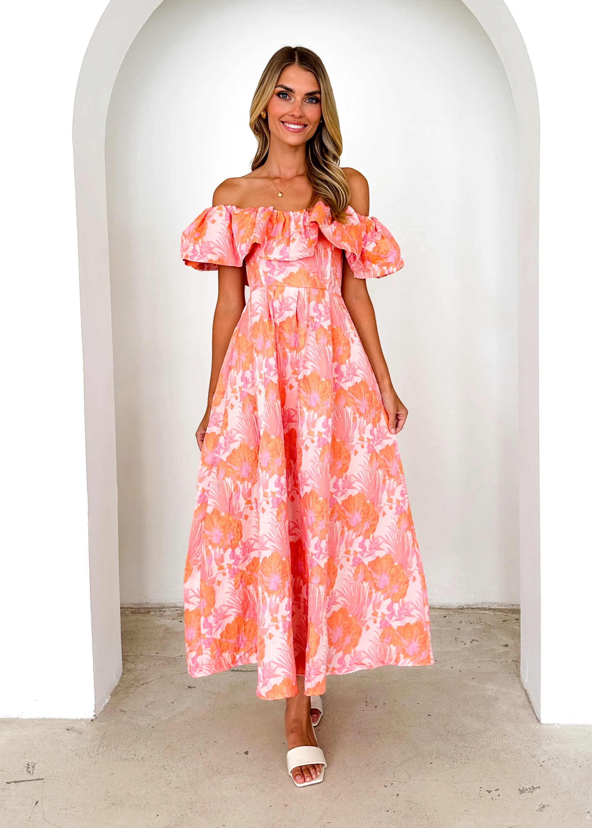 Harbour Off Shoulder Midi Dress - Peach Jacquard