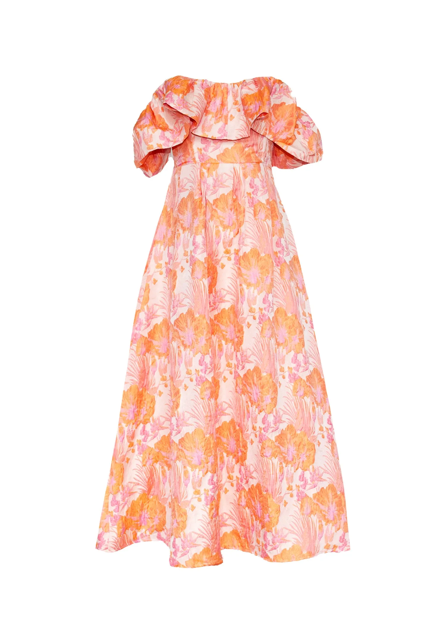 Harbour Off Shoulder Midi Dress - Peach Jacquard