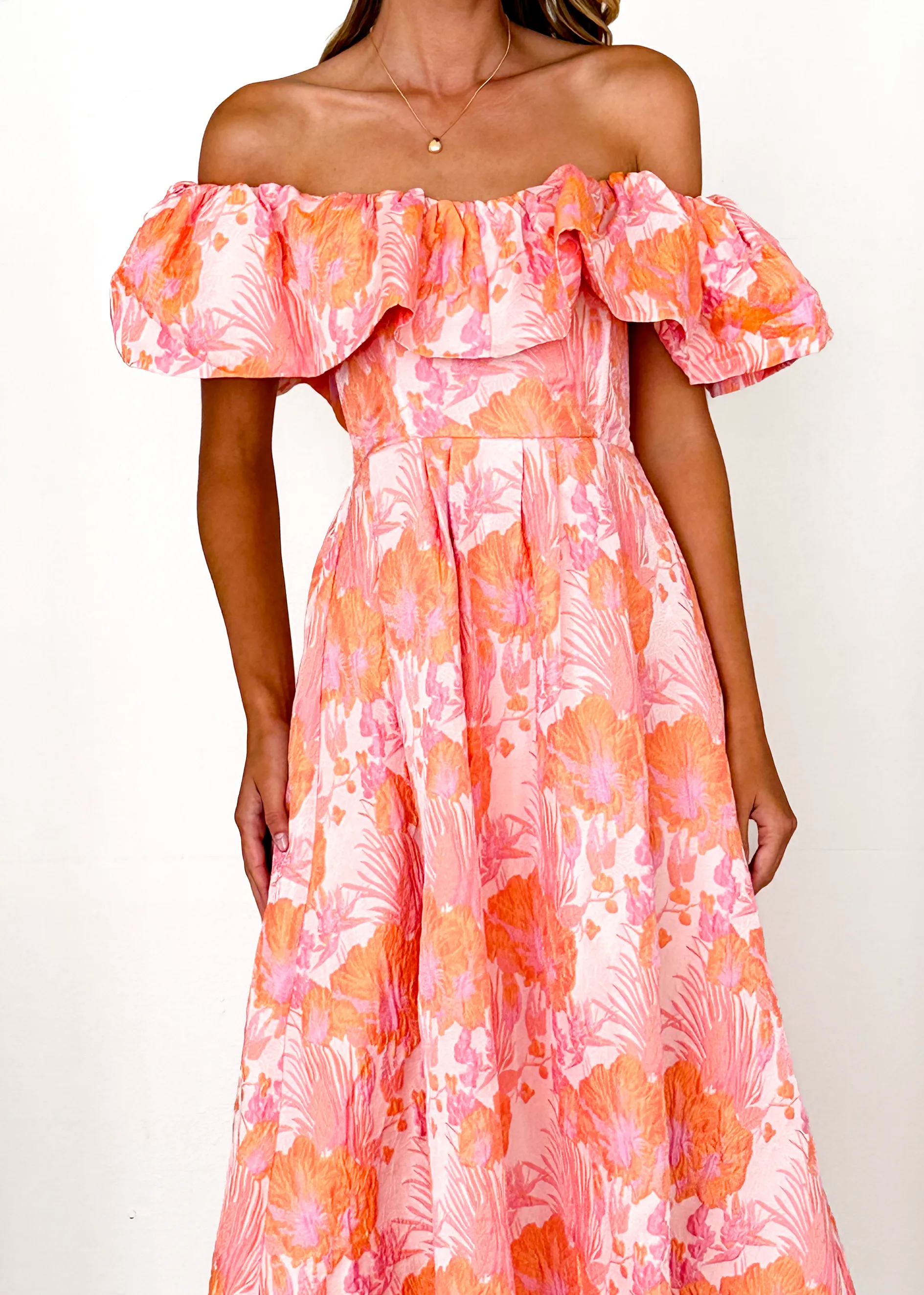Harbour Off Shoulder Midi Dress - Peach Jacquard