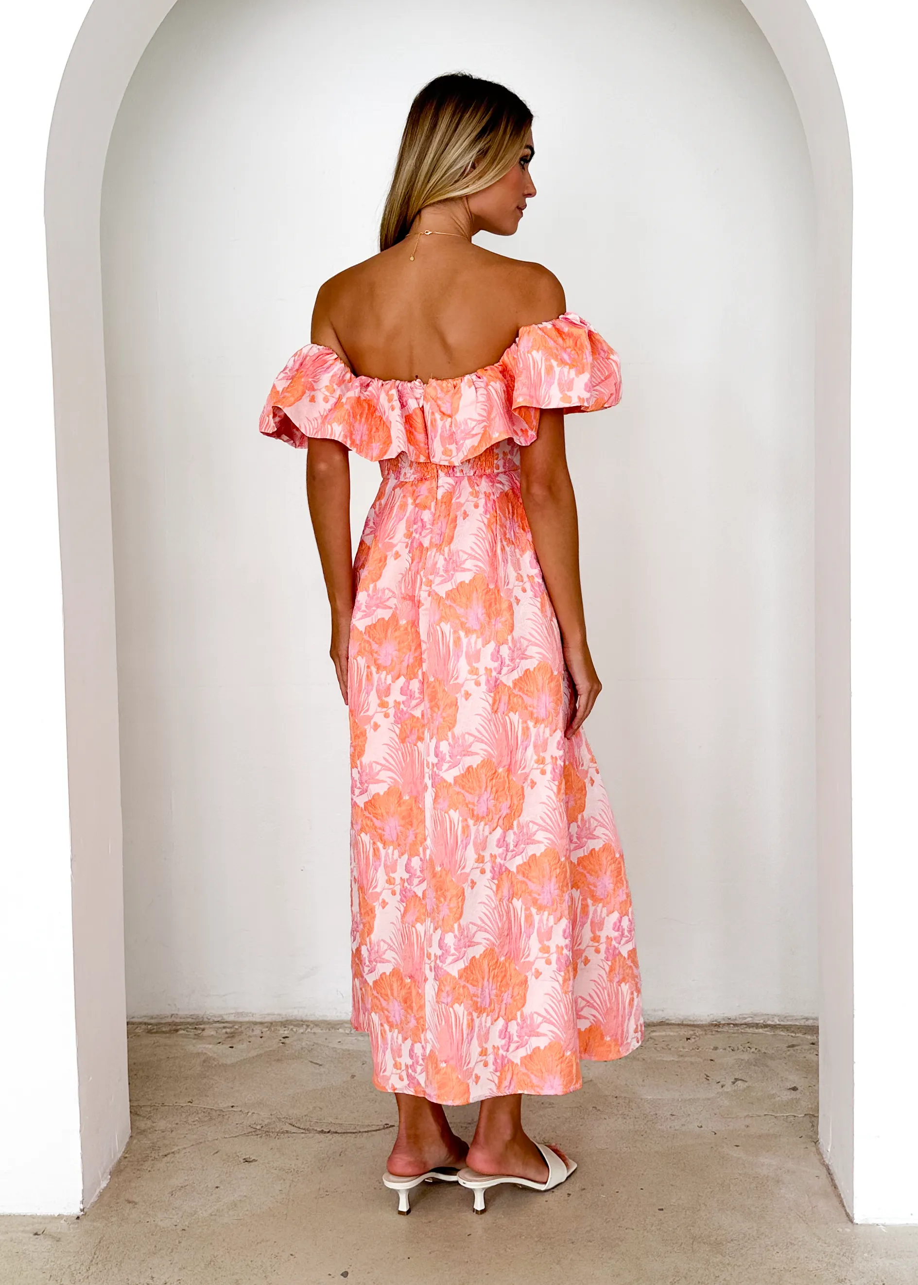 Harbour Off Shoulder Midi Dress - Peach Jacquard
