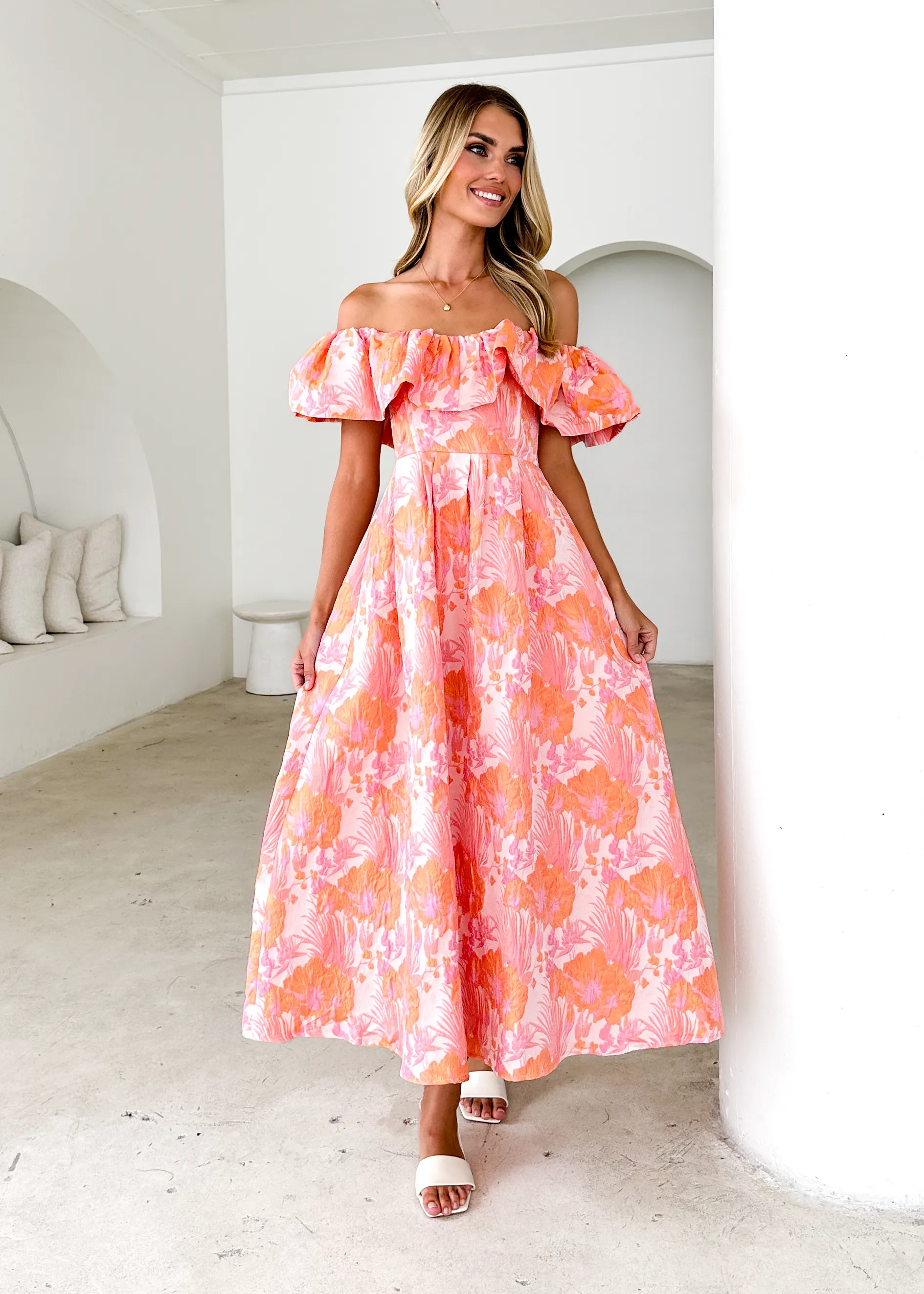 Harbour Off Shoulder Midi Dress - Peach Jacquard