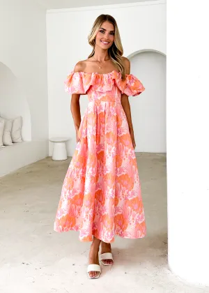 Harbour Off Shoulder Midi Dress - Peach Jacquard