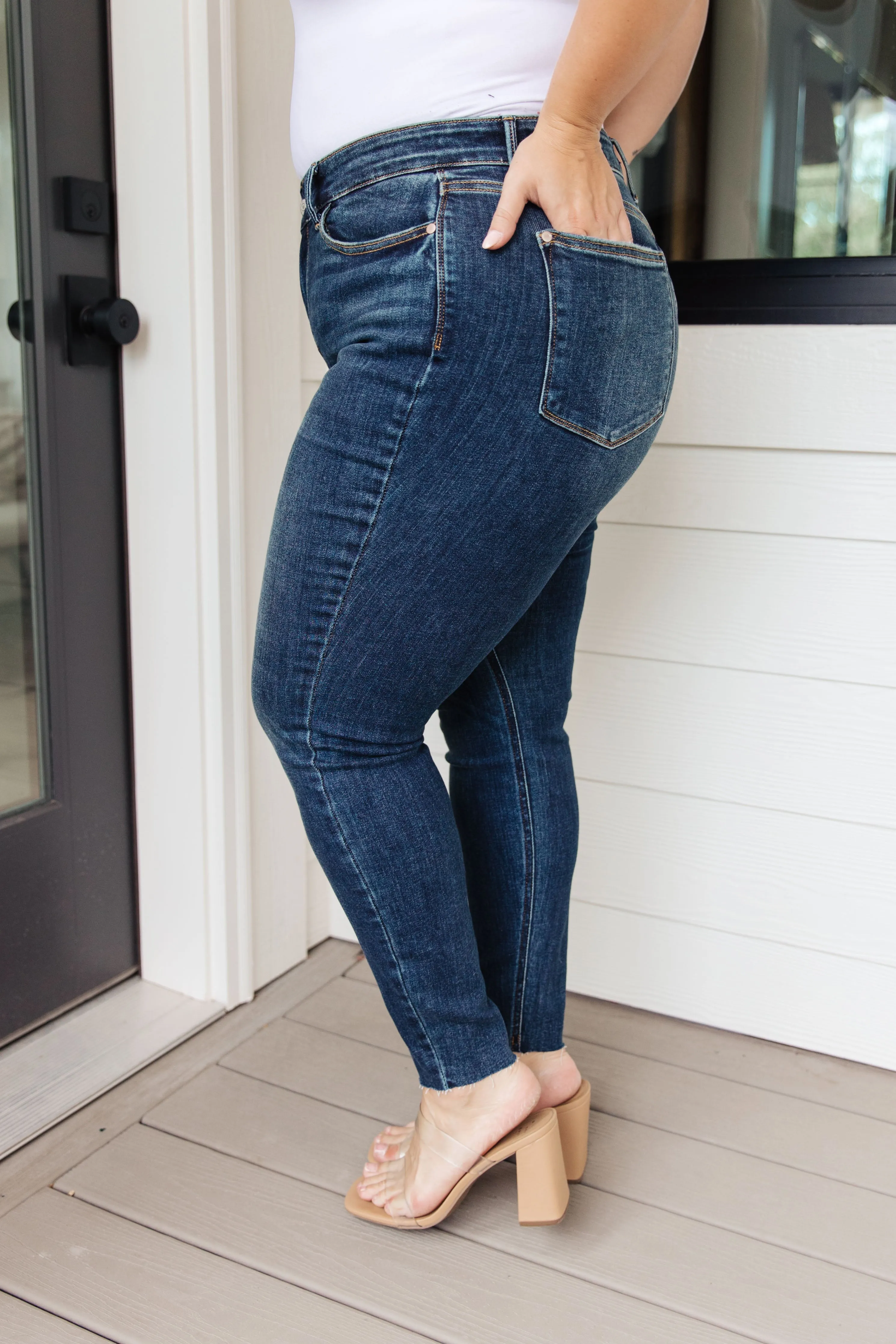 Hazel Blues® |  Lydia Mid Rise Vintage Raw Hem Skinny Jeans