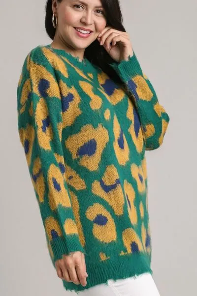 Hazel Blues® | Umgee Leopard Destroyed Rib Band Sweater