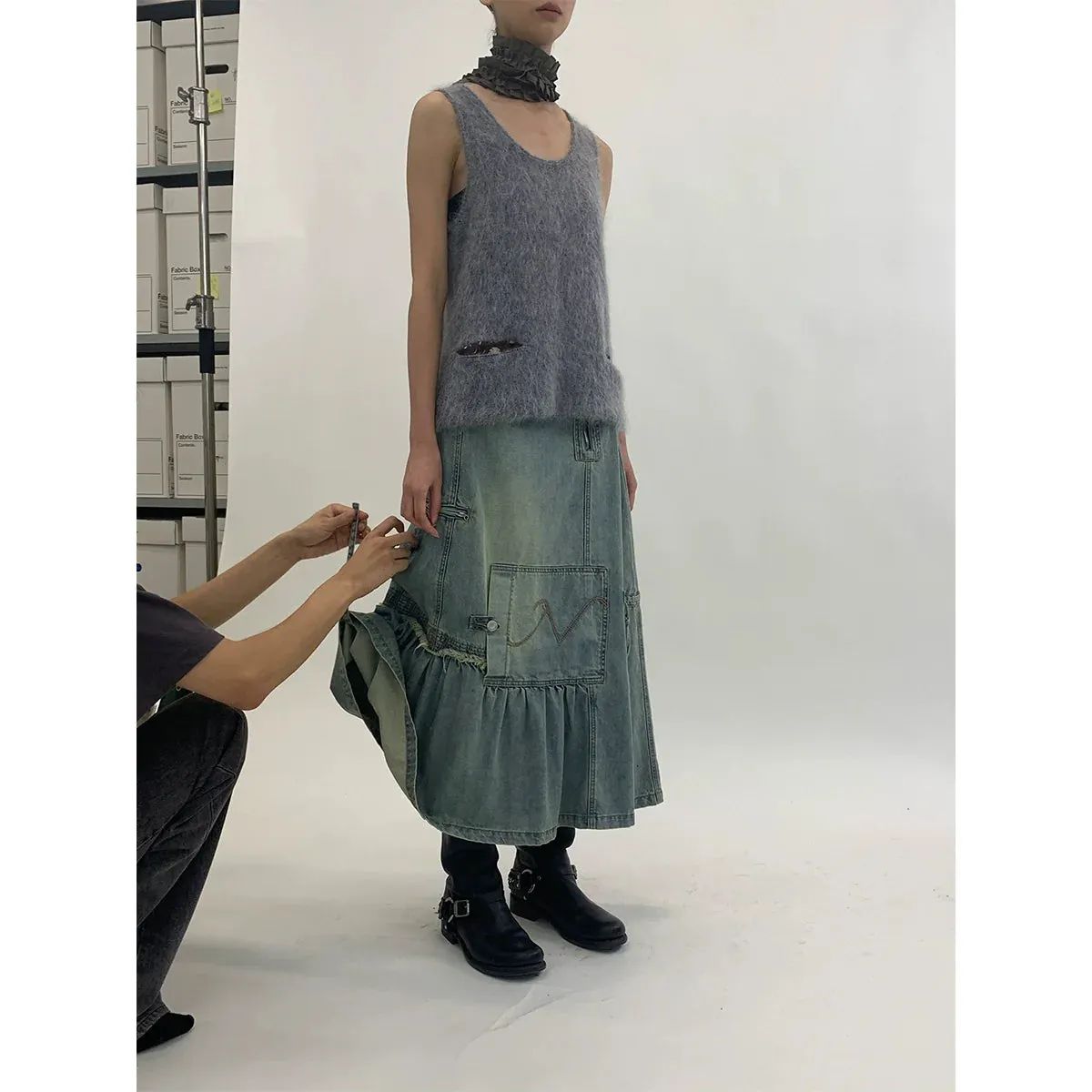 Heavy Asymmetric Vintage Denim Skirt