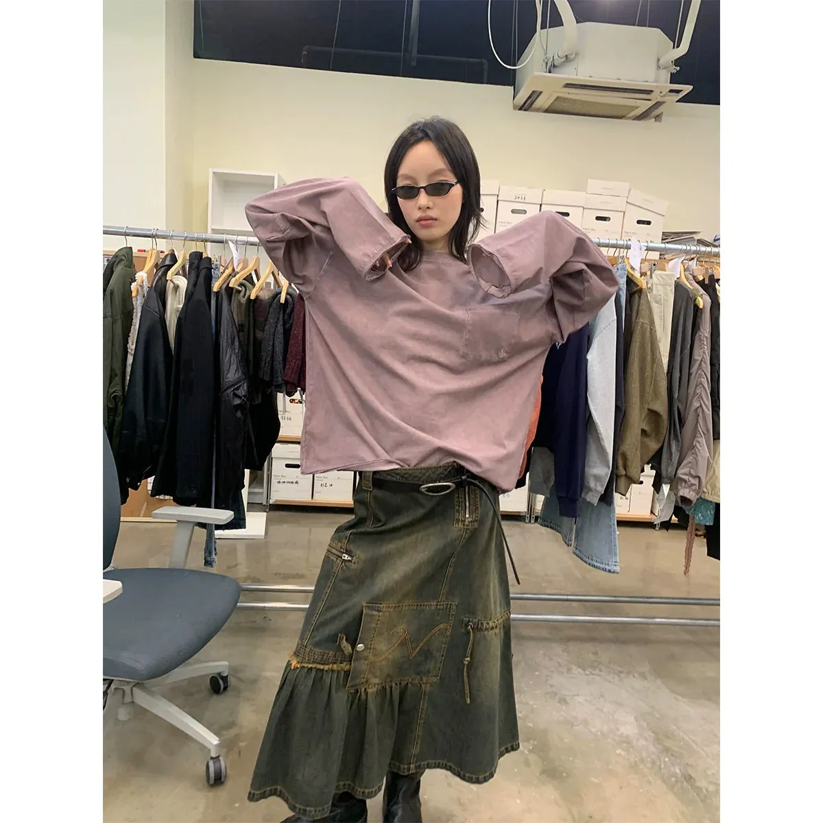 Heavy Asymmetric Vintage Denim Skirt