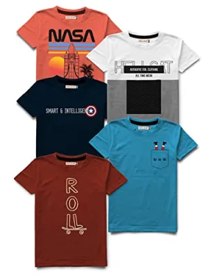 HELLCAT Boys Round Neck Printed Blended Cotton Tshirt -Combo Pack of 5 - Orange/15-16 Years
