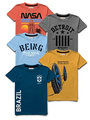 HELLCAT Boys Round Neck Printed Blended Cotton Tshirt -Combo Pack of 5 - Yellow/7-8 Years