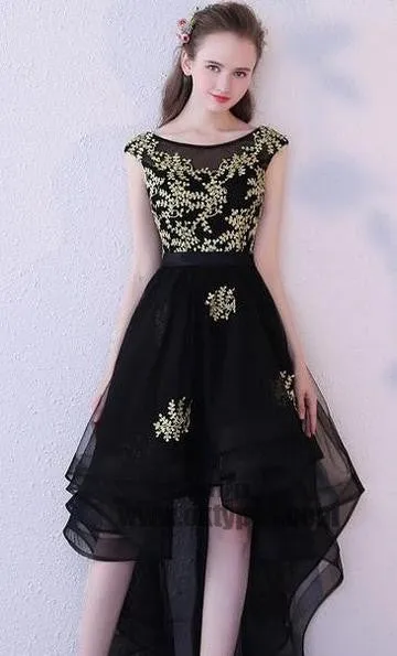 High Low Black Prom Dresses, Appliques Prom Dresses, Backless Prom Dresses, Scoop Prom Dresses, TYP0307
