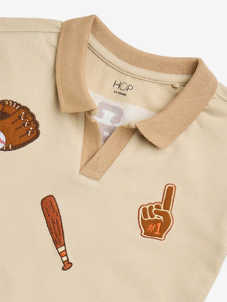 HOP Kids Beige Baseball-Themed Cotton T-Shirt