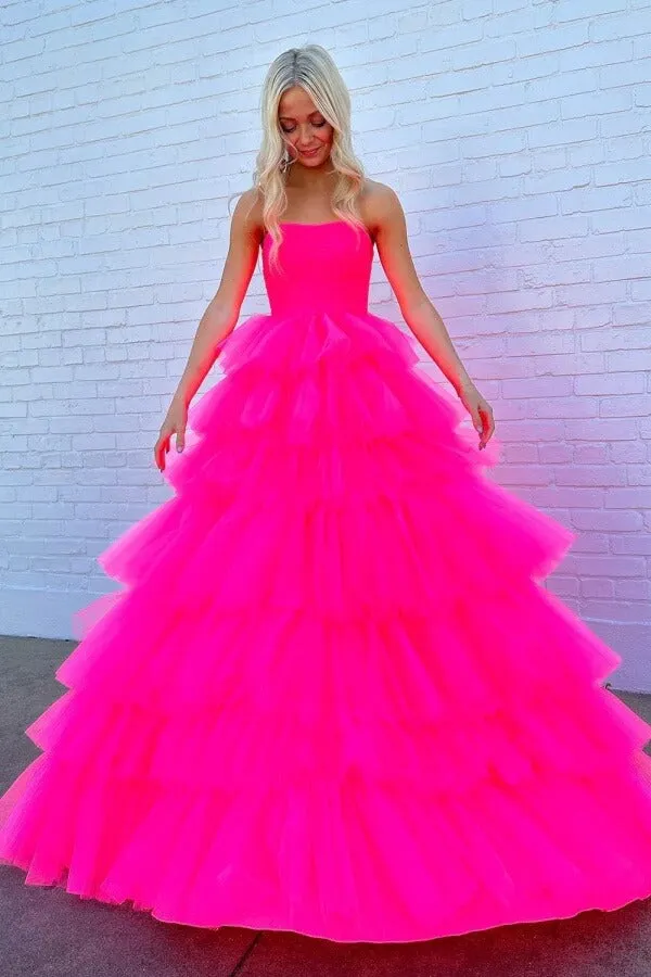 Hot Pink Tulle A-line Strapless Tiered Long Prom Dresses, Party Dress, SLP036
