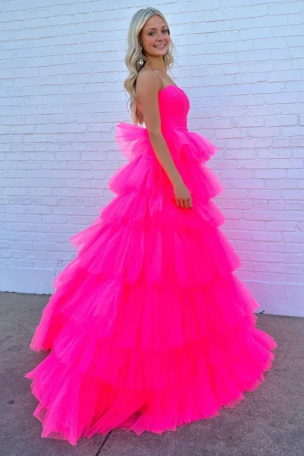 Hot Pink Tulle A-line Strapless Tiered Long Prom Dresses, Party Dress, SLP036