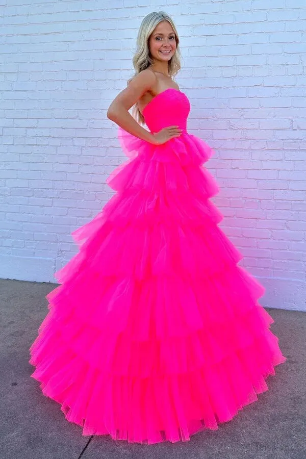 Hot Pink Tulle A-line Strapless Tiered Long Prom Dresses, Party Dress, SLP036