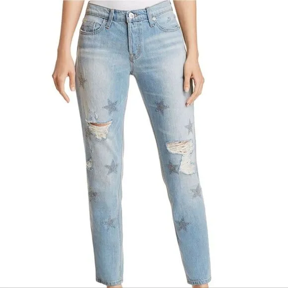 Hudson Jeans Riley Crop Relaxed Straight Jeans in Amplify light wash with stars