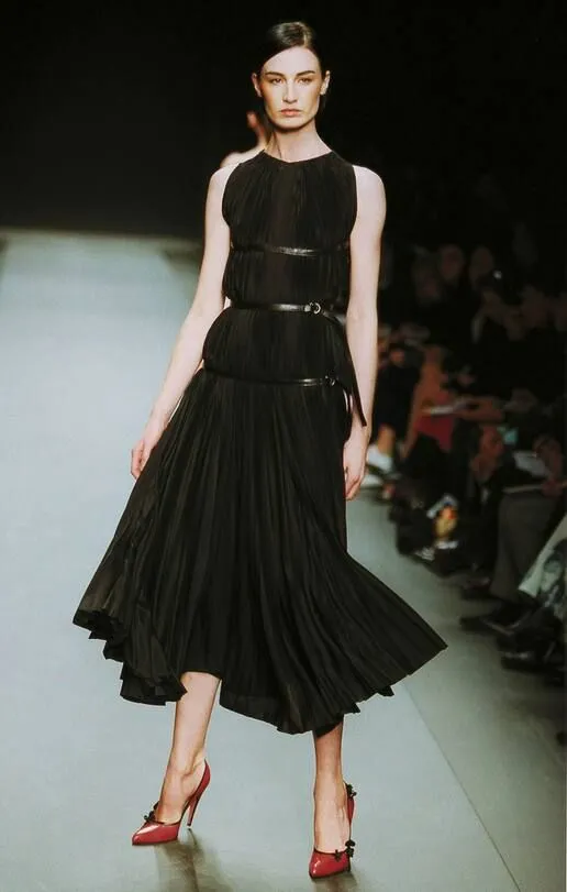 Iconic Fall 2002 Prada Runway & Museum Held Pleated Black Silk & Leather Strap Dress