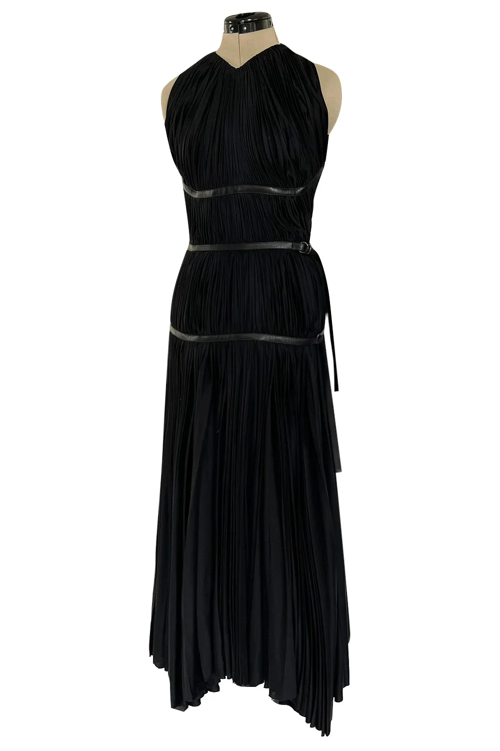 Iconic Fall 2002 Prada Runway & Museum Held Pleated Black Silk & Leather Strap Dress