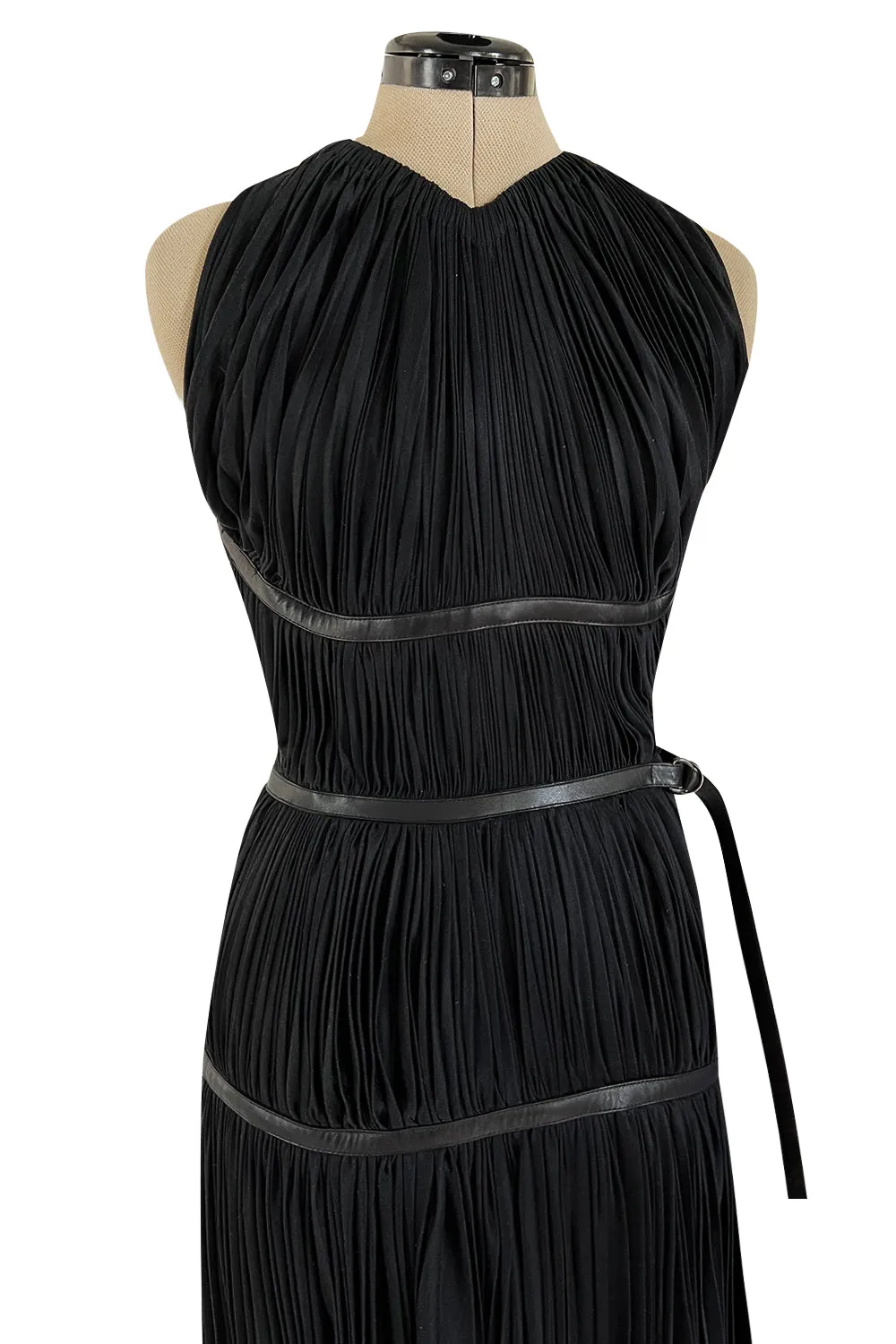 Iconic Fall 2002 Prada Runway & Museum Held Pleated Black Silk & Leather Strap Dress