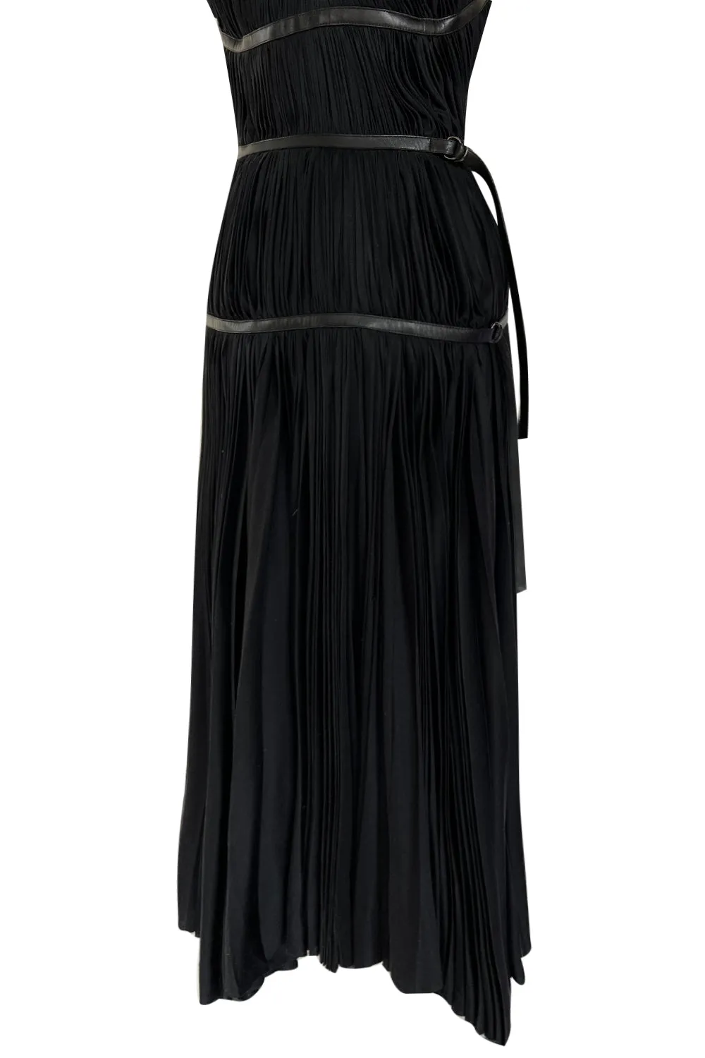 Iconic Fall 2002 Prada Runway & Museum Held Pleated Black Silk & Leather Strap Dress