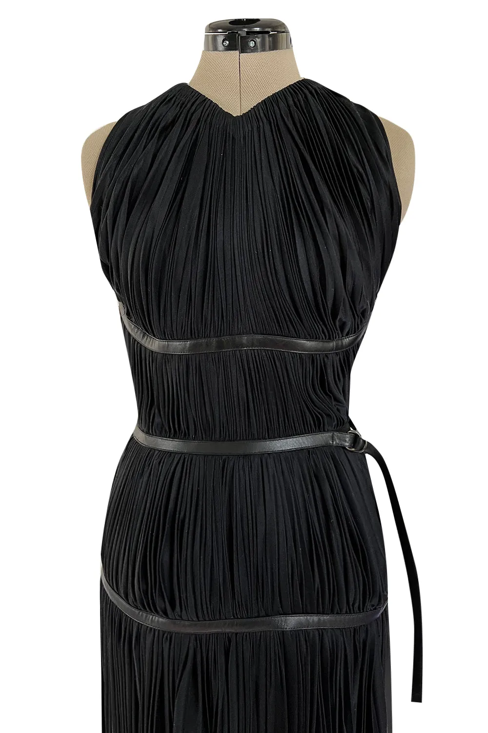 Iconic Fall 2002 Prada Runway & Museum Held Pleated Black Silk & Leather Strap Dress