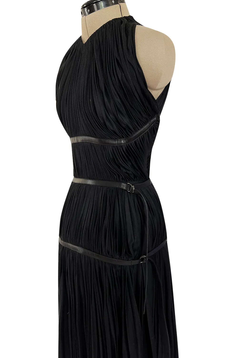 Iconic Fall 2002 Prada Runway & Museum Held Pleated Black Silk & Leather Strap Dress