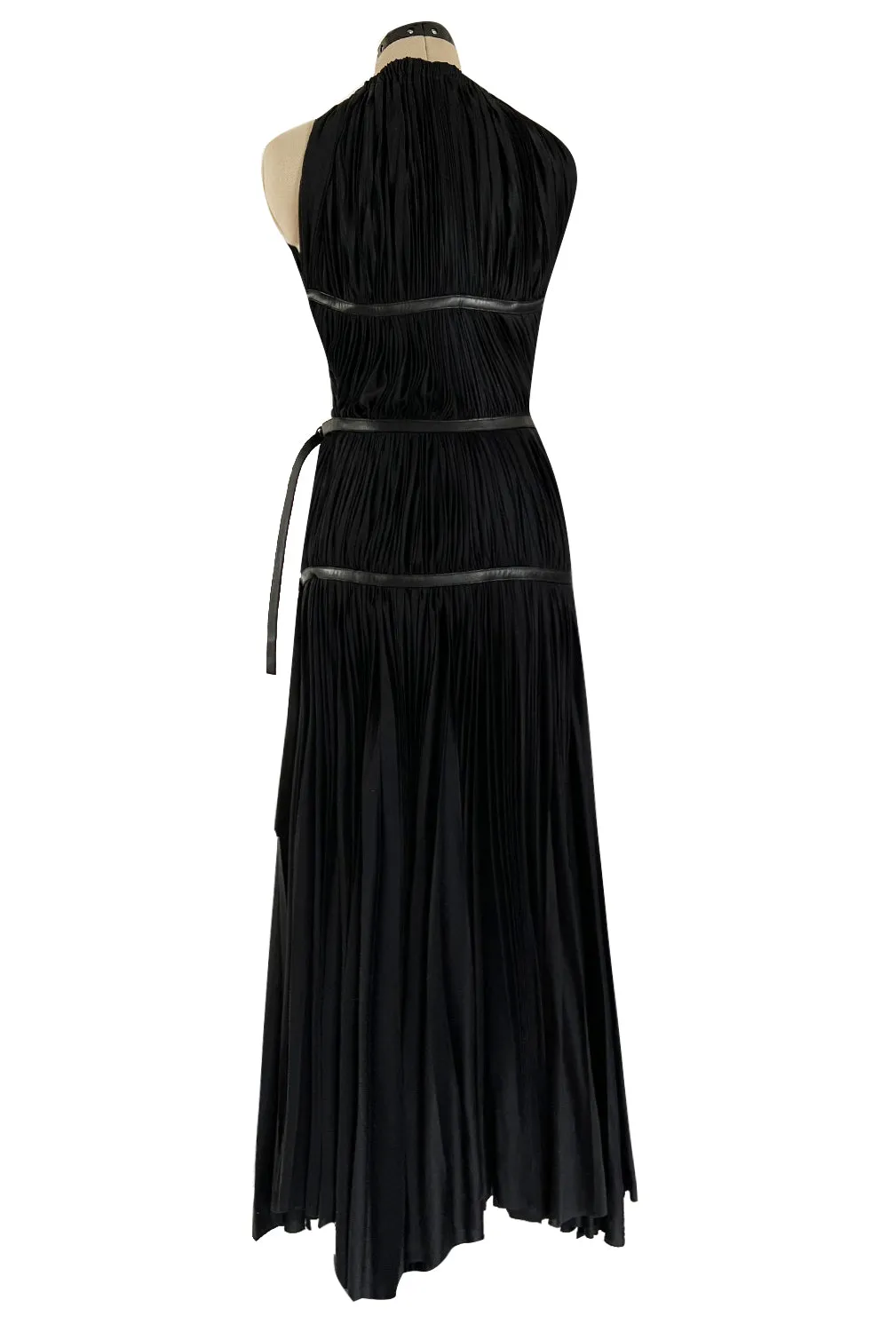 Iconic Fall 2002 Prada Runway & Museum Held Pleated Black Silk & Leather Strap Dress