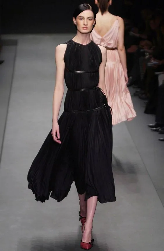 Iconic Fall 2002 Prada Runway & Museum Held Pleated Black Silk & Leather Strap Dress