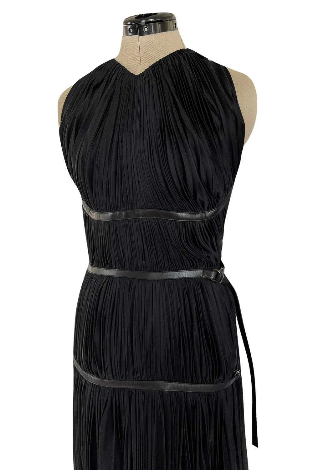 Iconic Fall 2002 Prada Runway & Museum Held Pleated Black Silk & Leather Strap Dress