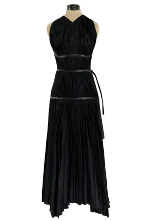 Iconic Fall 2002 Prada Runway & Museum Held Pleated Black Silk & Leather Strap Dress