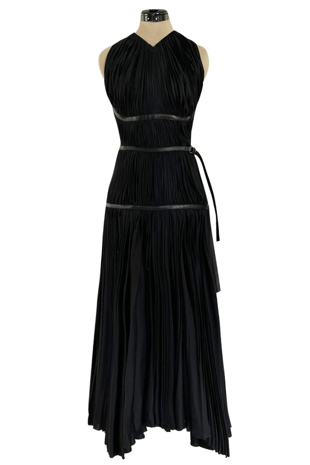 Iconic Fall 2002 Prada Runway & Museum Held Pleated Black Silk & Leather Strap Dress