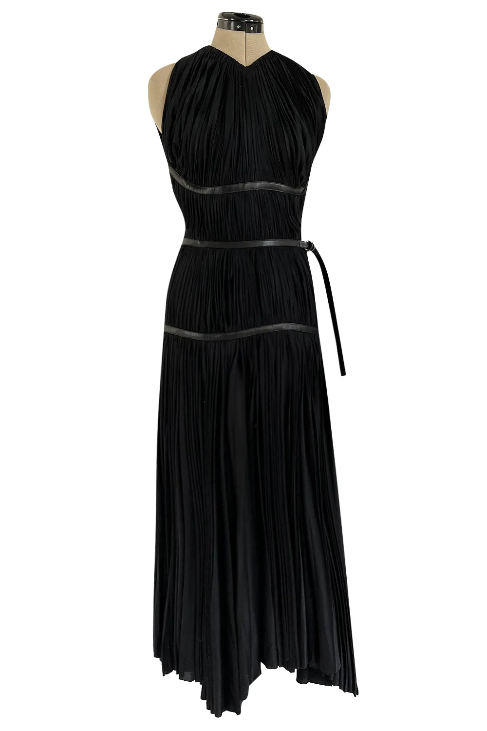 Iconic Fall 2002 Prada Runway & Museum Held Pleated Black Silk & Leather Strap Dress