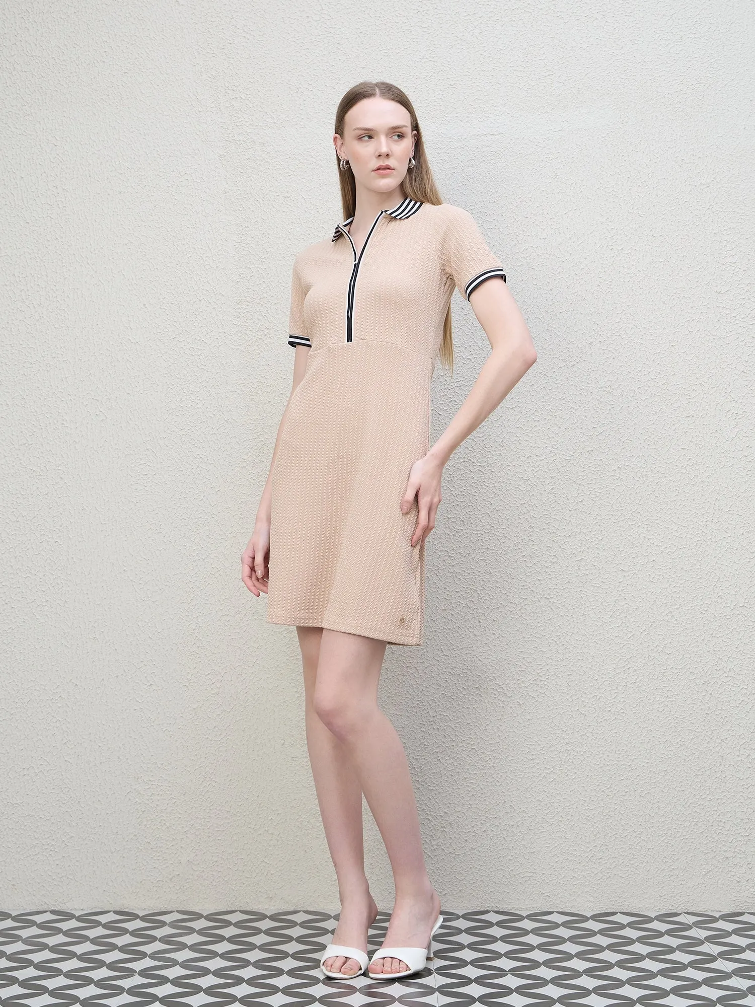 Iconic Women Beige Structured Polo Dress